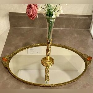 🌸Hollywood Regency Vanity Tray Mirror & Vase Gold Filigree Amber Stones Vintage